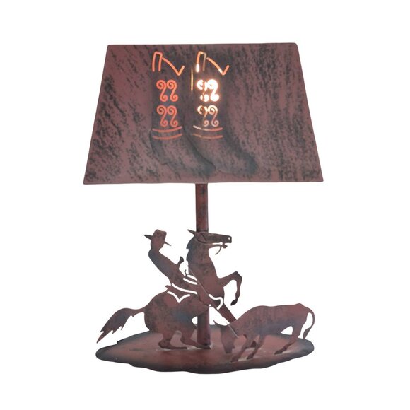 VTG Western Decor Cut Metal Bedside Table Lamp Rodeo Cowboy Boots Calf Roping - Picture 1 of 13
